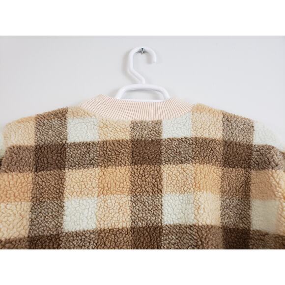 (Ju) Simplee Gingham Womens Sweater Size L Drop Shoulder Teddy Pullover Cream - Picture 7 of 8